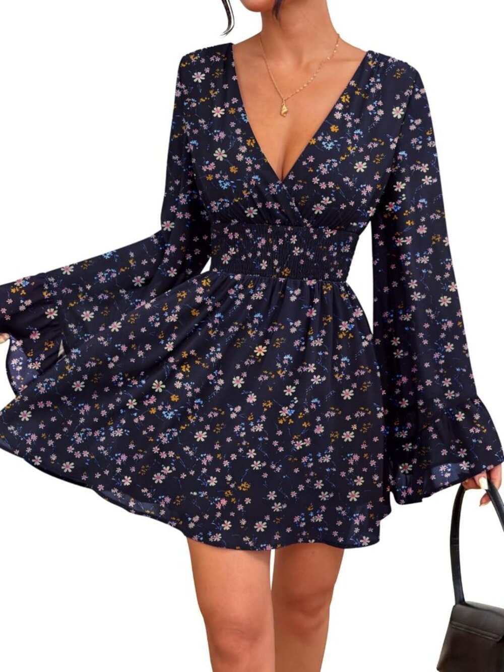 Elegant V Neck Bell Sleeve Mini Dress | Chiffon Fall Fashion for Women